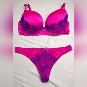 VS bra & thong panty bright pink with purple lace accents. 34D/lrg